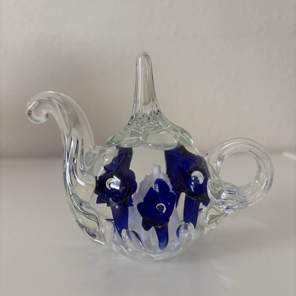 Vintage Joe Rice St Clair 1996 Clear Cobalt Blue Teapot Ring Holder Paperweight